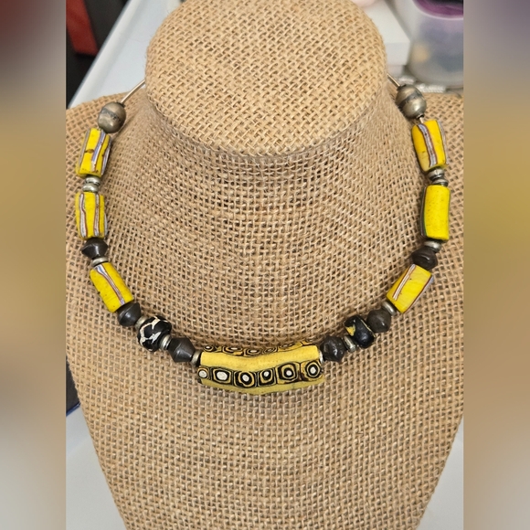 Vintage Mixed African Tribal Yellow Wood Beaded Metal Choker Necklace - Picture 1 of 6